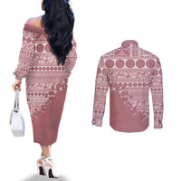 Fiji Marau na Kerisimasi Couples Matching Off The Shoulder Long Sleeve Dress and Long Sleeve Button Shirt Dusty Rose Tagimoucia Tapa Masi Tribal - Polynesian Pride