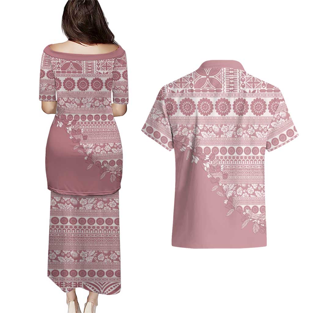 Fiji Marau na Kerisimasi Couples Matching Puletasi and Hawaiian Shirt Dusty Rose Tagimoucia Tapa Masi Tribal - Polynesian Pride