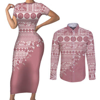 Fiji Marau na Kerisimasi Couples Matching Short Sleeve Bodycon Dress and Long Sleeve Button Shirt Dusty Rose Tagimoucia Tapa Masi Tribal - Polynesian Pride