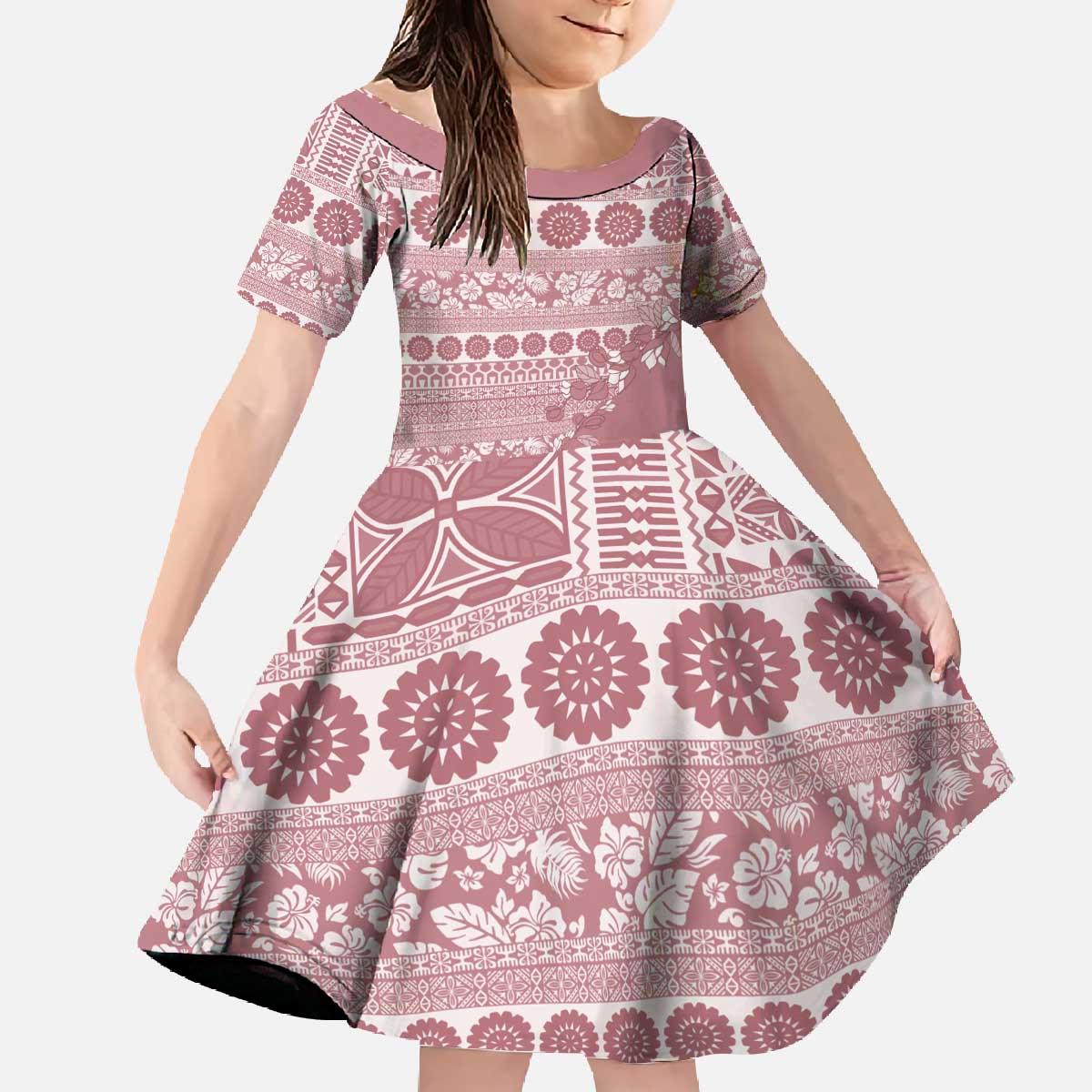 Fiji Marau na Kerisimasi Family Matching Off The Shoulder Long Sleeve Dress and Hawaiian Shirt Dusty Rose Tagimoucia Tapa Masi Tribal - Polynesian Pride