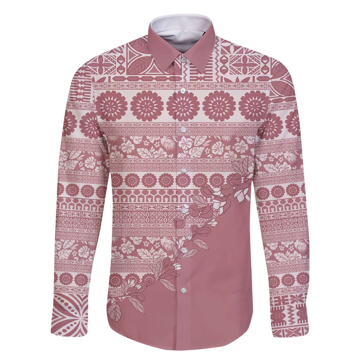 Fiji Marau na Kerisimasi Family Matching Off The Shoulder Long Sleeve Dress and Hawaiian Shirt Dusty Rose Tagimoucia Tapa Masi Tribal - Polynesian Pride