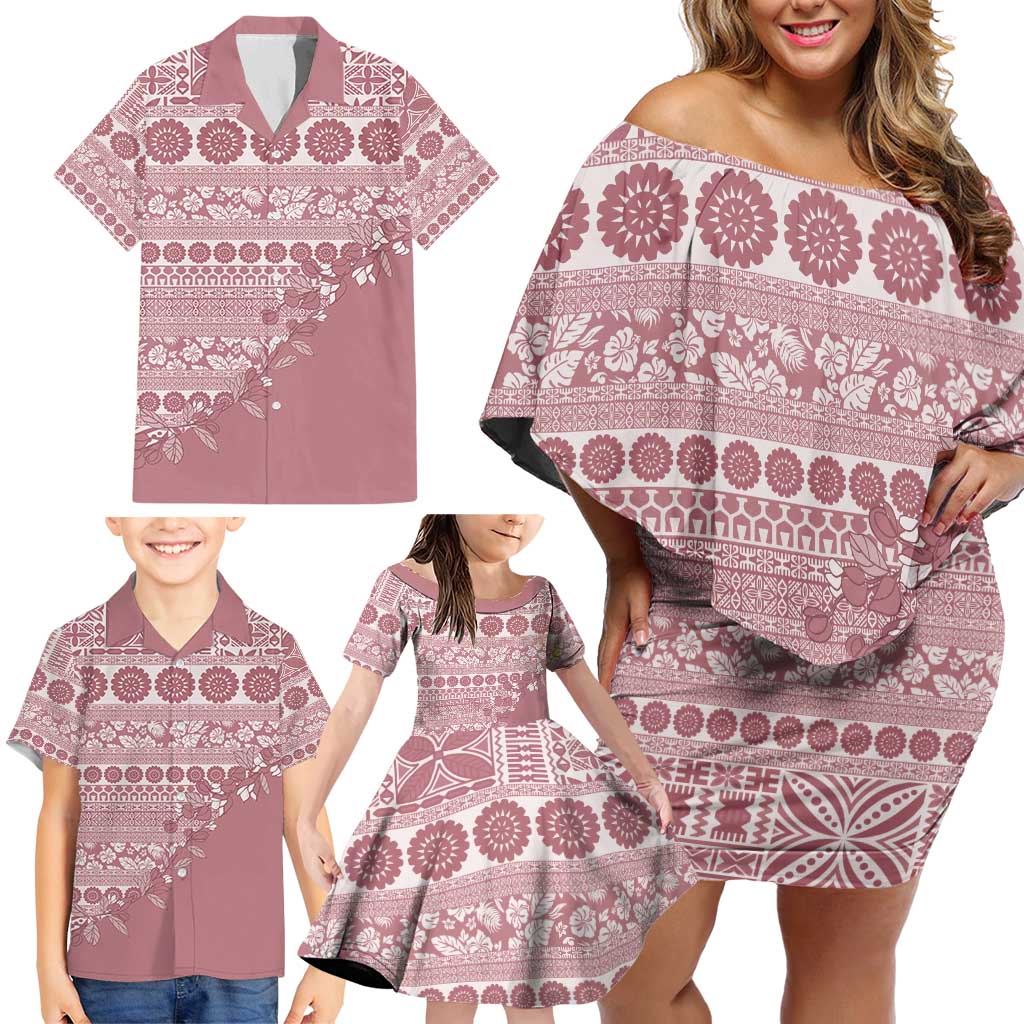 Fiji Marau na Kerisimasi Family Matching Off Shoulder Short Dress and Hawaiian Shirt Dusty Rose Tagimoucia Tapa Masi Tribal - Polynesian Pride