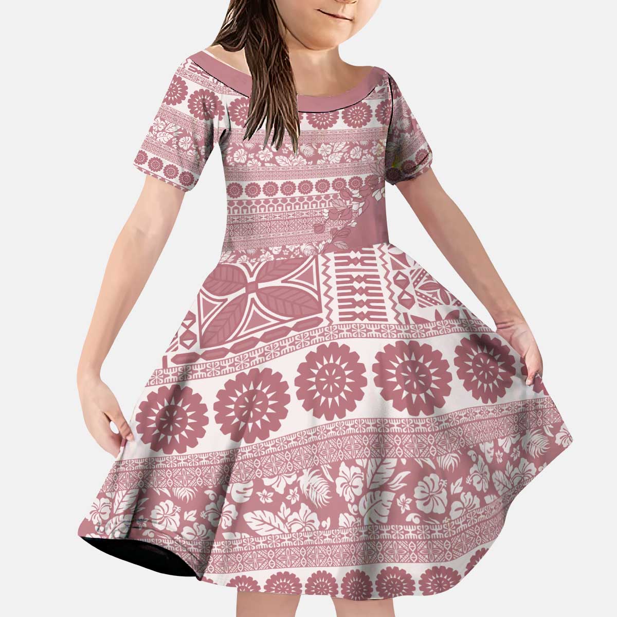 Fiji Marau na Kerisimasi Kid Short Sleeve Dress Dusty Rose Tagimoucia Tapa Masi Tribal - Polynesian Pride