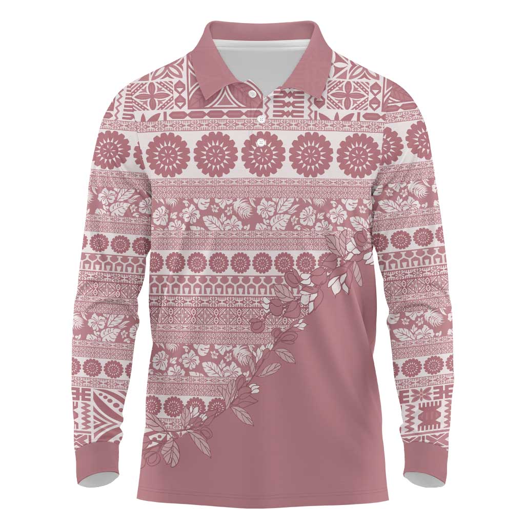 Fiji Marau na Kerisimasi Long Sleeve Polo Shirt Dusty Rose Tagimoucia Tapa Masi Tribal LT9 Pink - Polynesian Pride