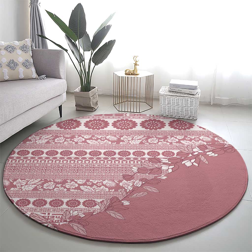 Fiji Marau na Kerisimasi Round Carpet Dusty Rose Tagimoucia Tapa Masi Tribal - Polynesian Pride