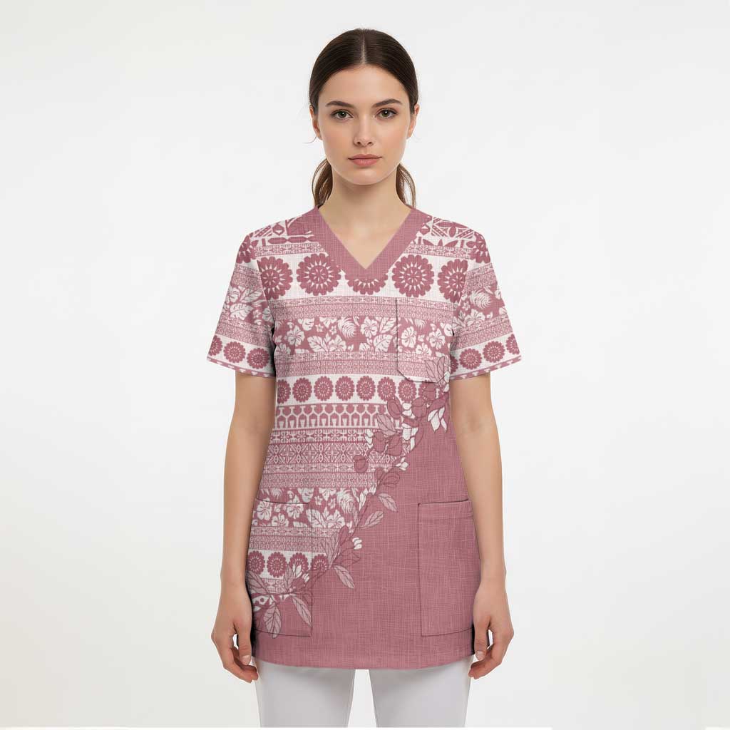 Fiji Marau na Kerisimasi Scrub Top Dusty Rose Tagimoucia Tapa Masi Tribal LT9 - Polynesian Pride