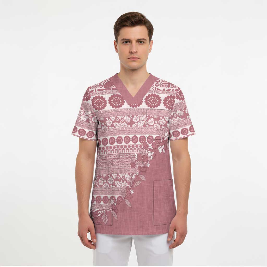 Fiji Marau na Kerisimasi Scrub Top Dusty Rose Tagimoucia Tapa Masi Tribal LT9 - Polynesian Pride