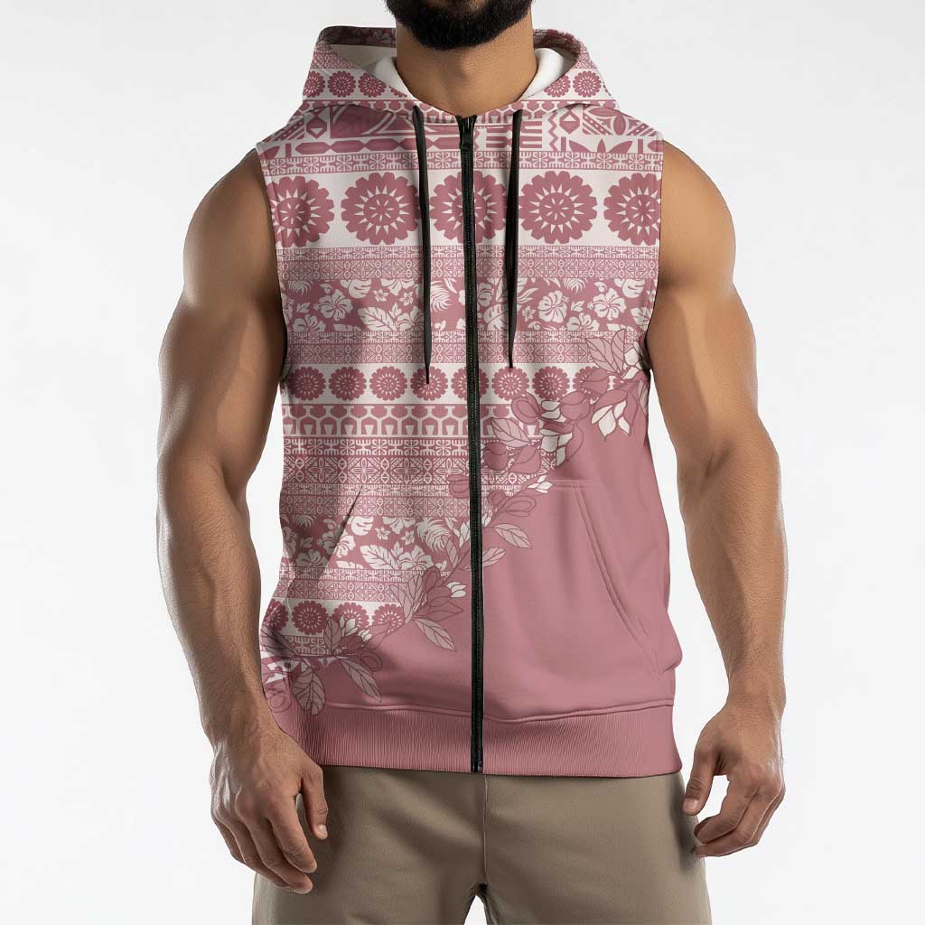 Fiji Marau na Kerisimasi Sleeveless Zip Hoodie Dusty Rose Tagimoucia Tapa Masi Tribal - Polynesian Pride