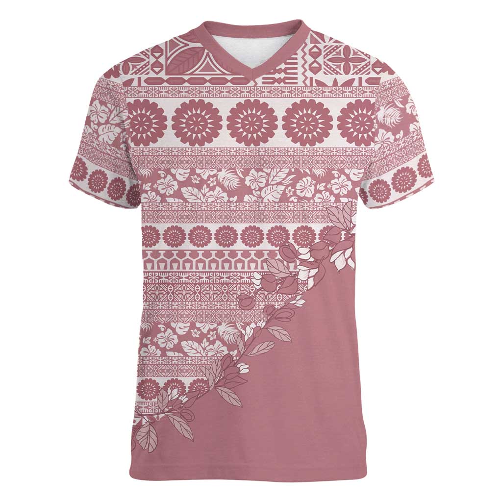 Fiji Marau na Kerisimasi Women V-Neck T-Shirt Dusty Rose Tagimoucia Tapa Masi Tribal - Polynesian Pride