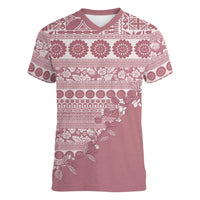 Fiji Marau na Kerisimasi Women V-Neck T-Shirt Dusty Rose Tagimoucia Tapa Masi Tribal - Polynesian Pride