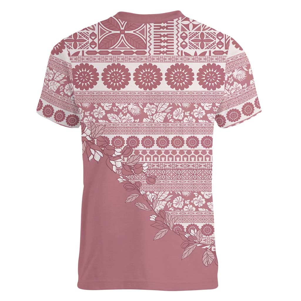 Fiji Marau na Kerisimasi Women V-Neck T-Shirt Dusty Rose Tagimoucia Tapa Masi Tribal - Polynesian Pride