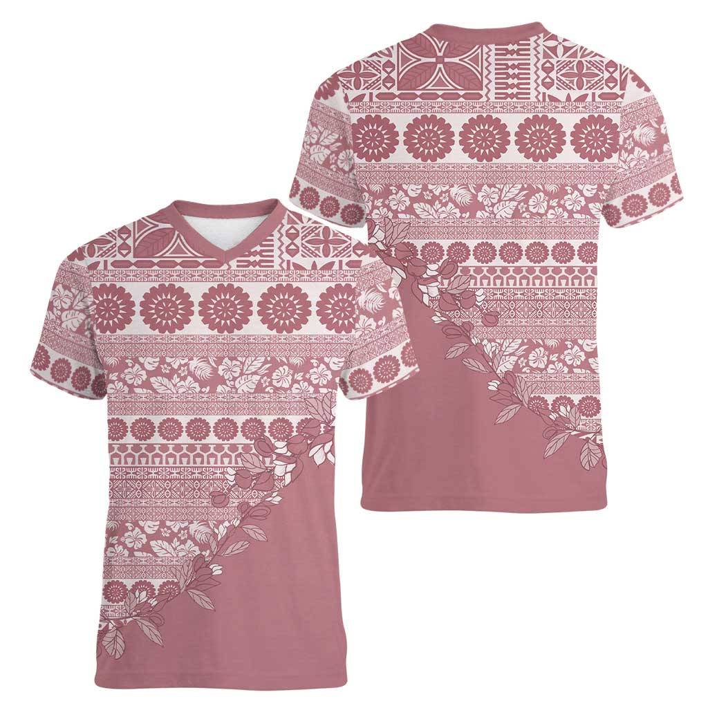 Fiji Marau na Kerisimasi Women V-Neck T-Shirt Dusty Rose Tagimoucia Tapa Masi Tribal - Polynesian Pride
