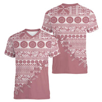 Fiji Marau na Kerisimasi Women V-Neck T-Shirt Dusty Rose Tagimoucia Tapa Masi Tribal - Polynesian Pride