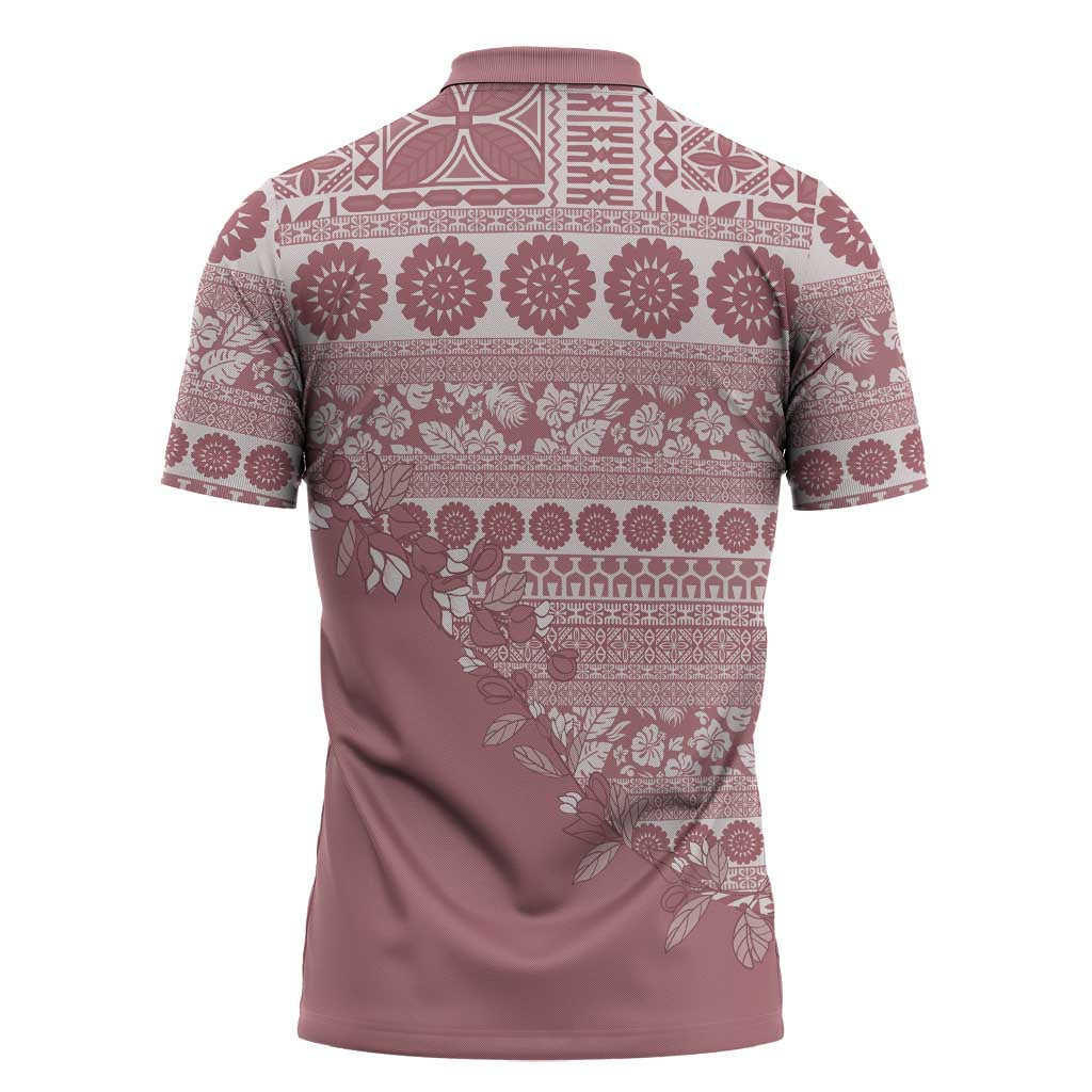 Fiji Marau na Kerisimasi Zipper Polo Shirt Dusty Rose Tagimoucia Tapa Masi Tribal - Polynesian Pride