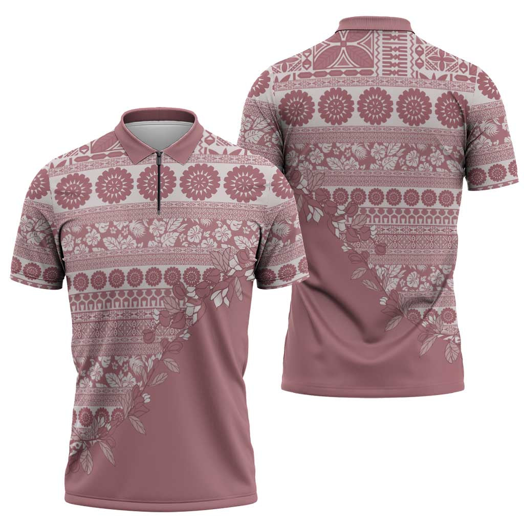 Fiji Marau na Kerisimasi Zipper Polo Shirt Dusty Rose Tagimoucia Tapa Masi Tribal - Polynesian Pride