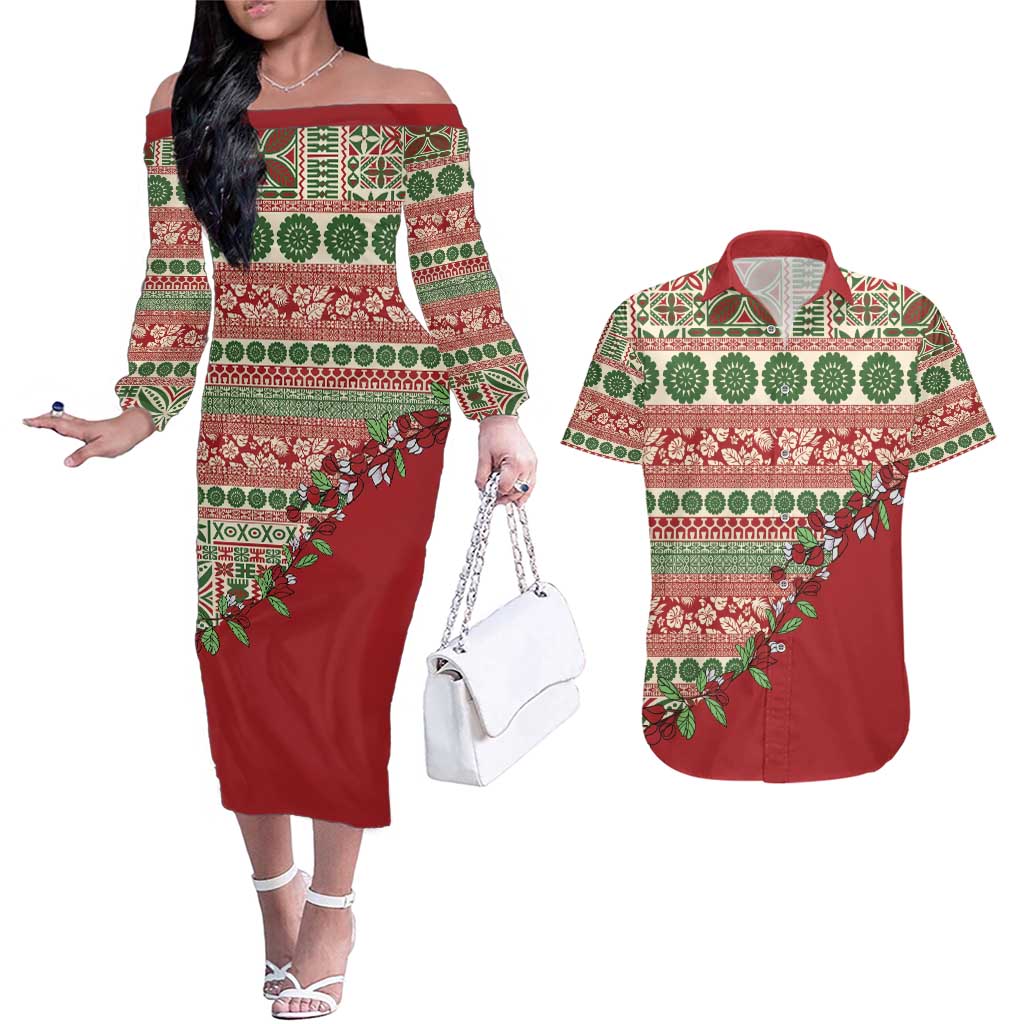 Fiji Marau na Kerisimasi Couples Matching Off The Shoulder Long Sleeve Dress and Hawaiian Shirt Red Tagimoucia Tapa Masi Tribal - Polynesian Pride