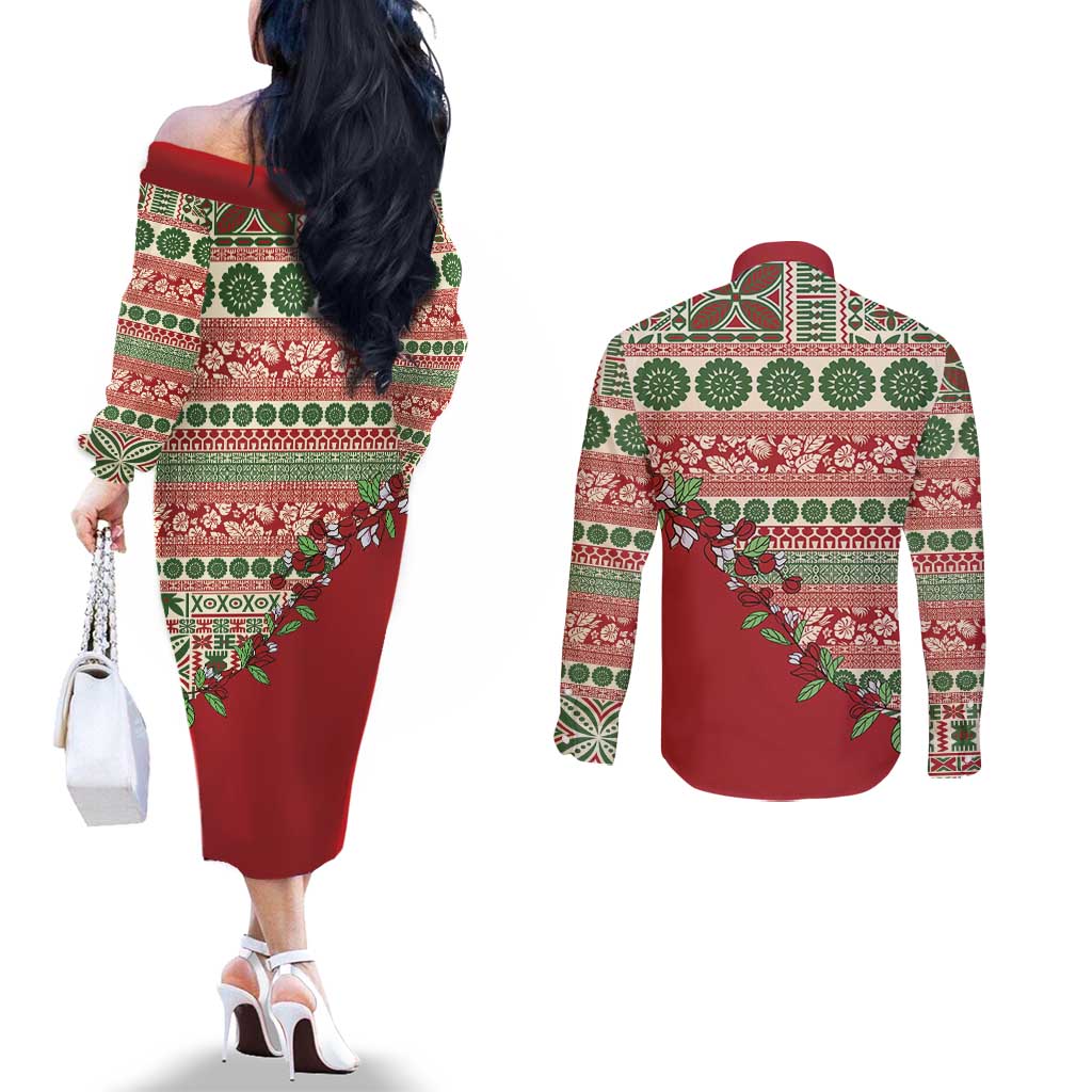 Fiji Marau na Kerisimasi Couples Matching Off The Shoulder Long Sleeve Dress and Long Sleeve Button Shirt Red Tagimoucia Tapa Masi Tribal - Polynesian Pride