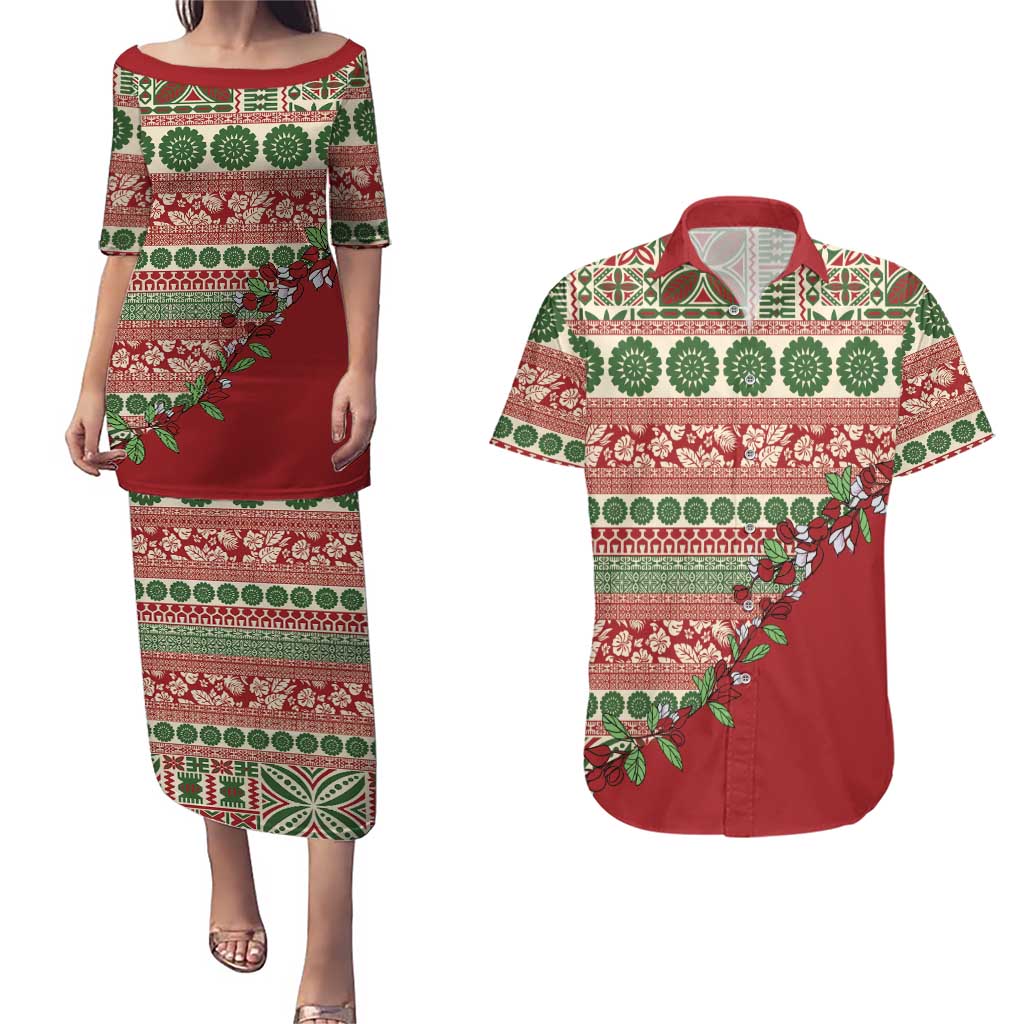 Fiji Marau na Kerisimasi Couples Matching Puletasi and Hawaiian Shirt Red Tagimoucia Tapa Masi Tribal LT9 Red - Polynesian Pride