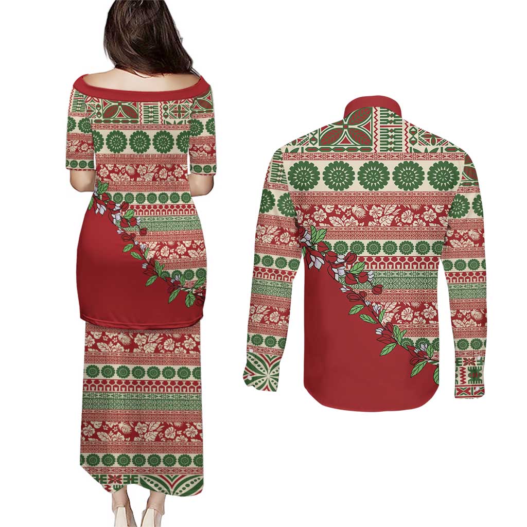 Fiji Marau na Kerisimasi Couples Matching Puletasi and Long Sleeve Button Shirt Red Tagimoucia Tapa Masi Tribal - Polynesian Pride
