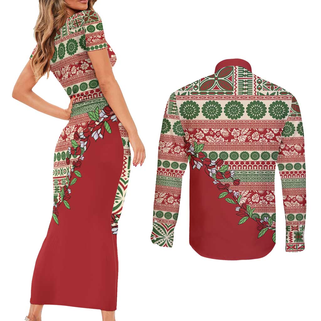 Fiji Marau na Kerisimasi Couples Matching Short Sleeve Bodycon Dress and Long Sleeve Button Shirt Red Tagimoucia Tapa Masi Tribal - Polynesian Pride