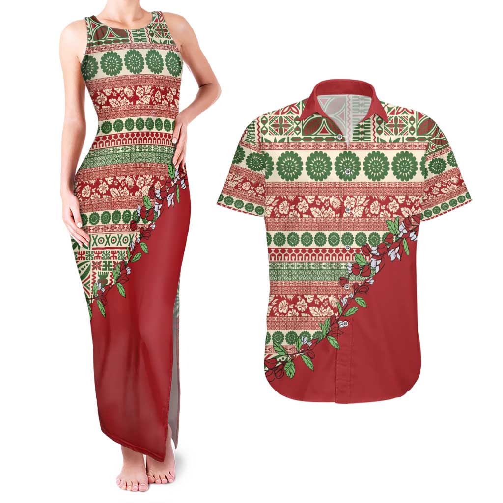 Fiji Marau na Kerisimasi Couples Matching Tank Maxi Dress and Hawaiian Shirt Red Tagimoucia Tapa Masi Tribal - Polynesian Pride