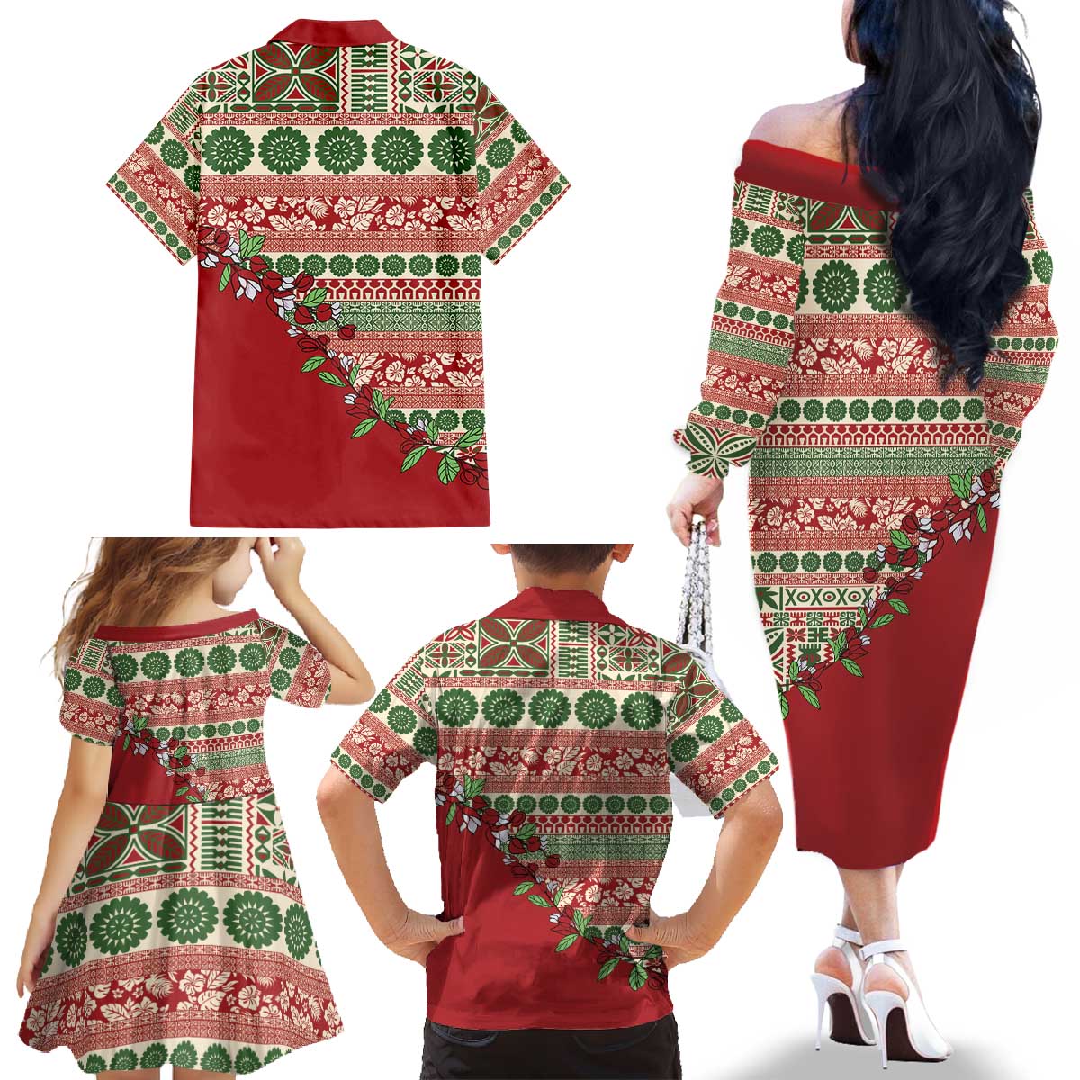 Fiji Marau na Kerisimasi Family Matching Off The Shoulder Long Sleeve Dress and Hawaiian Shirt Red Tagimoucia Tapa Masi Tribal - Polynesian Pride