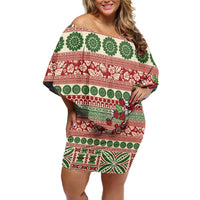 Fiji Marau na Kerisimasi Family Matching Off Shoulder Short Dress and Hawaiian Shirt Red Tagimoucia Tapa Masi Tribal - Polynesian Pride
