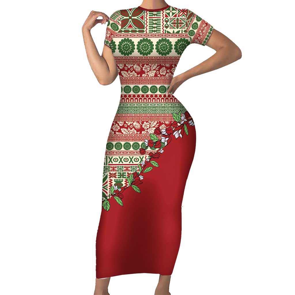 Fiji Marau na Kerisimasi Family Matching Short Sleeve Bodycon Dress and Hawaiian Shirt Red Tagimoucia Tapa Masi Tribal - Polynesian Pride