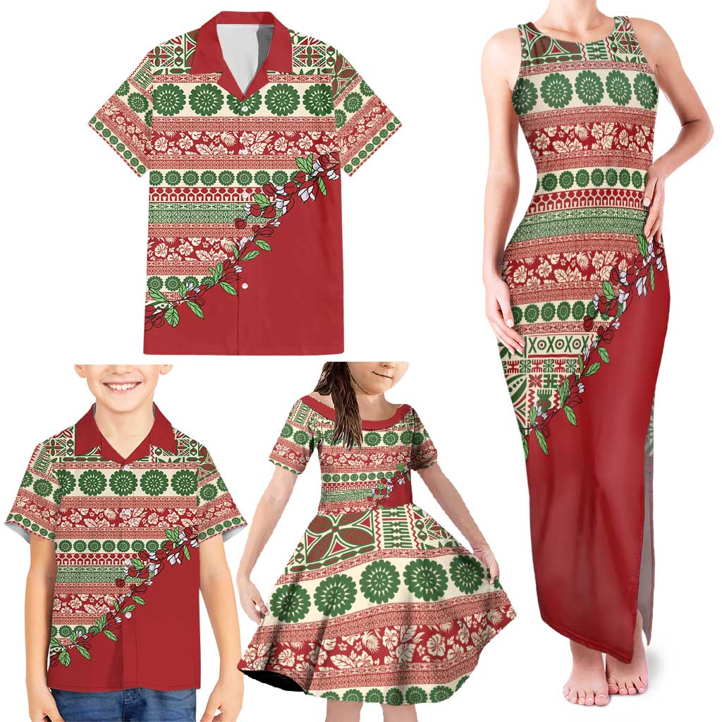 Fiji Marau na Kerisimasi Family Matching Tank Maxi Dress and Hawaiian Shirt Red Tagimoucia Tapa Masi Tribal - Polynesian Pride