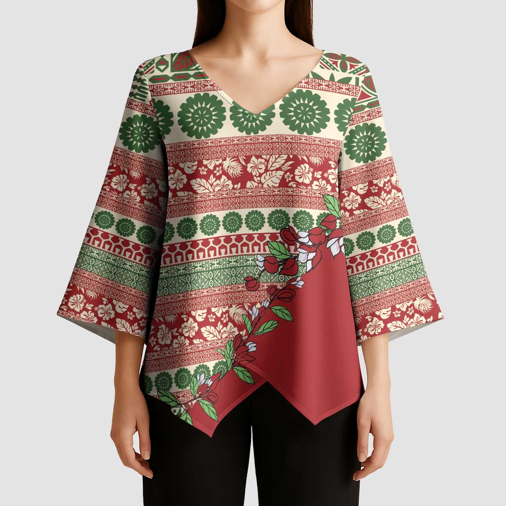 Fiji Marau na Kerisimasi Kimono Sleeve Blouse Red Tagimoucia Tapa Masi Tribal LT9 - Polynesian Pride