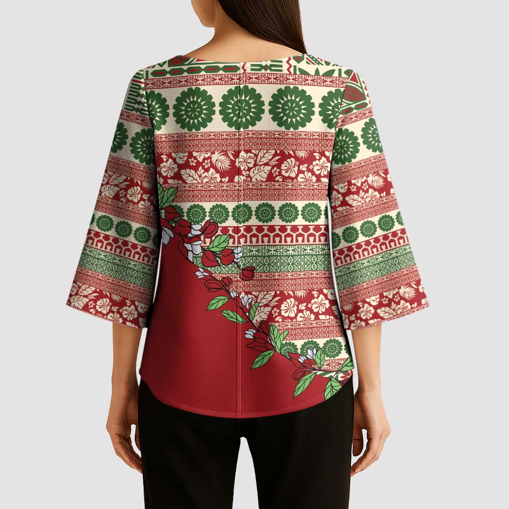 Fiji Marau na Kerisimasi Kimono Sleeve Blouse Red Tagimoucia Tapa Masi Tribal LT9 - Polynesian Pride