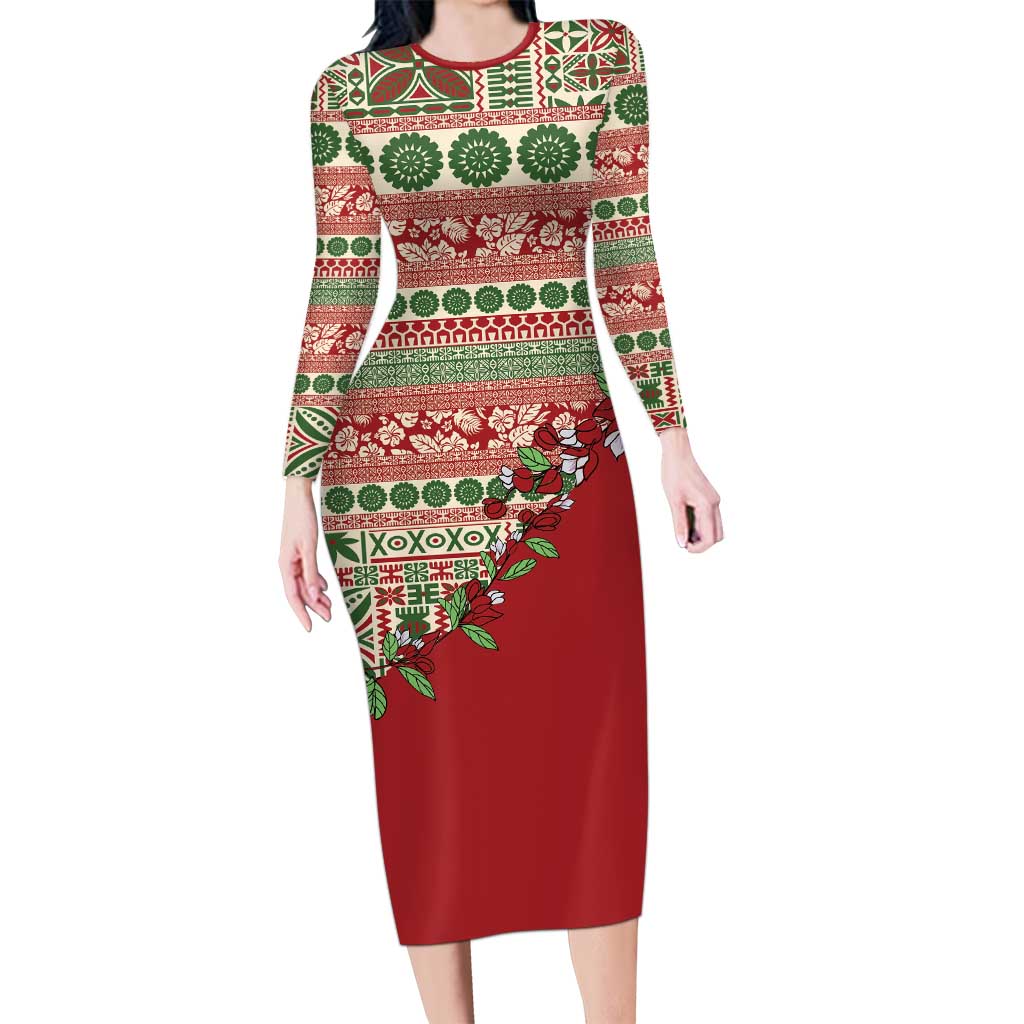 Fiji Marau na Kerisimasi Long Sleeve Bodycon Dress Red Tagimoucia Tapa Masi Tribal - Polynesian Pride