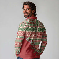 Fiji Marau na Kerisimasi Long Sleeve Polo Shirt Red Tagimoucia Tapa Masi Tribal - Polynesian Pride