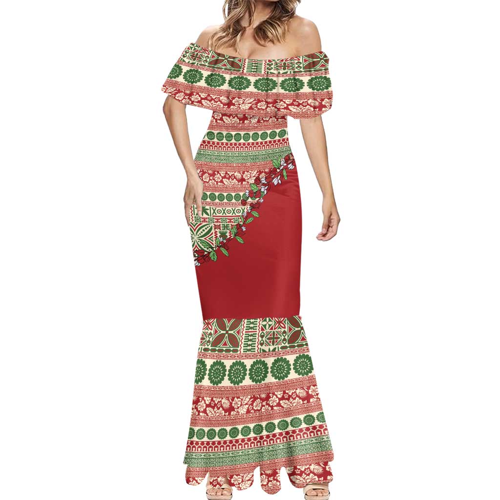 Fiji Marau na Kerisimasi Mermaid Dress Red Tagimoucia Tapa Masi Tribal - Polynesian Pride
