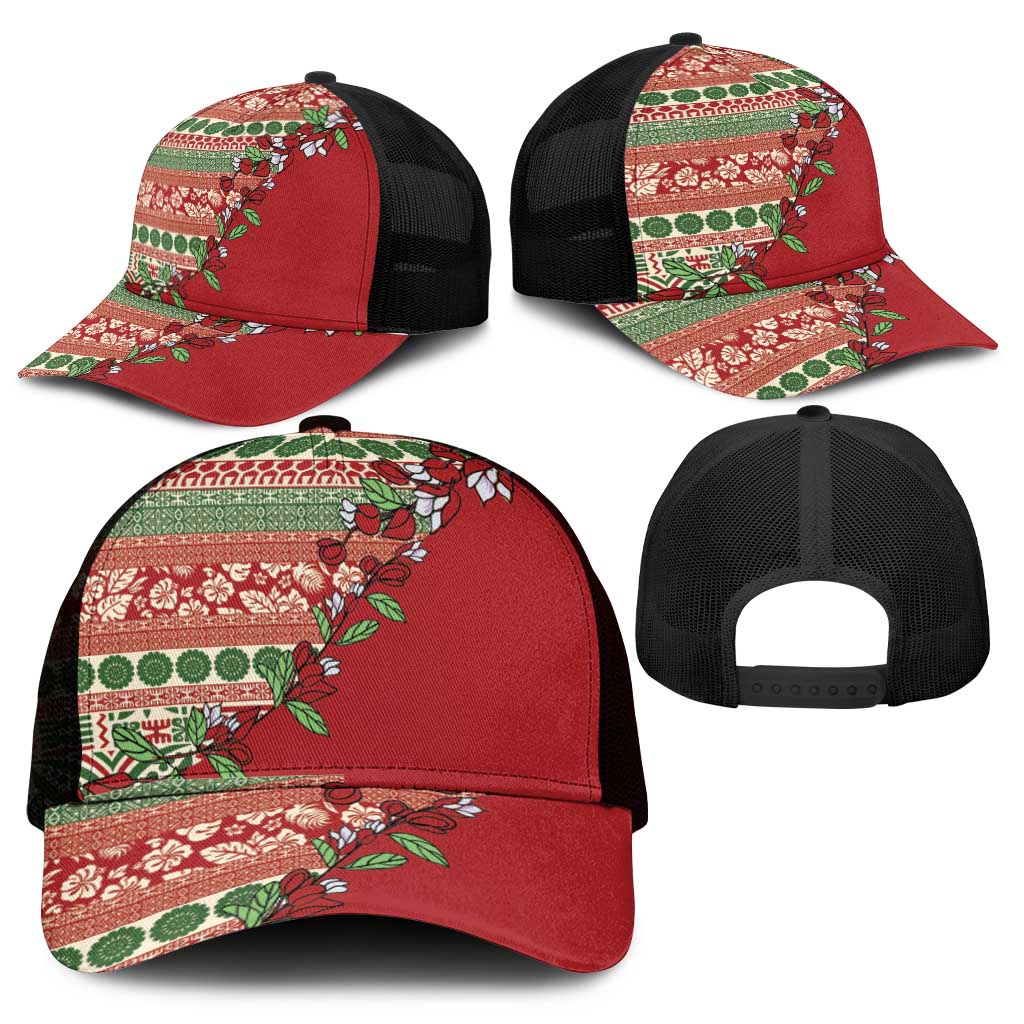 Fiji Marau na Kerisimasi Mesh Trucker Cap Red Tagimoucia Tapa Masi Tribal - Polynesian Pride
