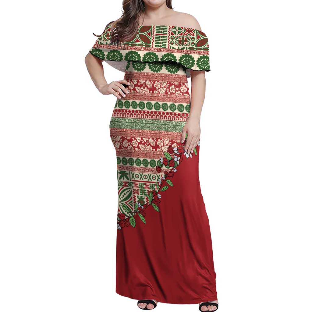 Fiji Marau na Kerisimasi Off Shoulder Maxi Dress Red Tagimoucia Tapa Masi Tribal - Polynesian Pride