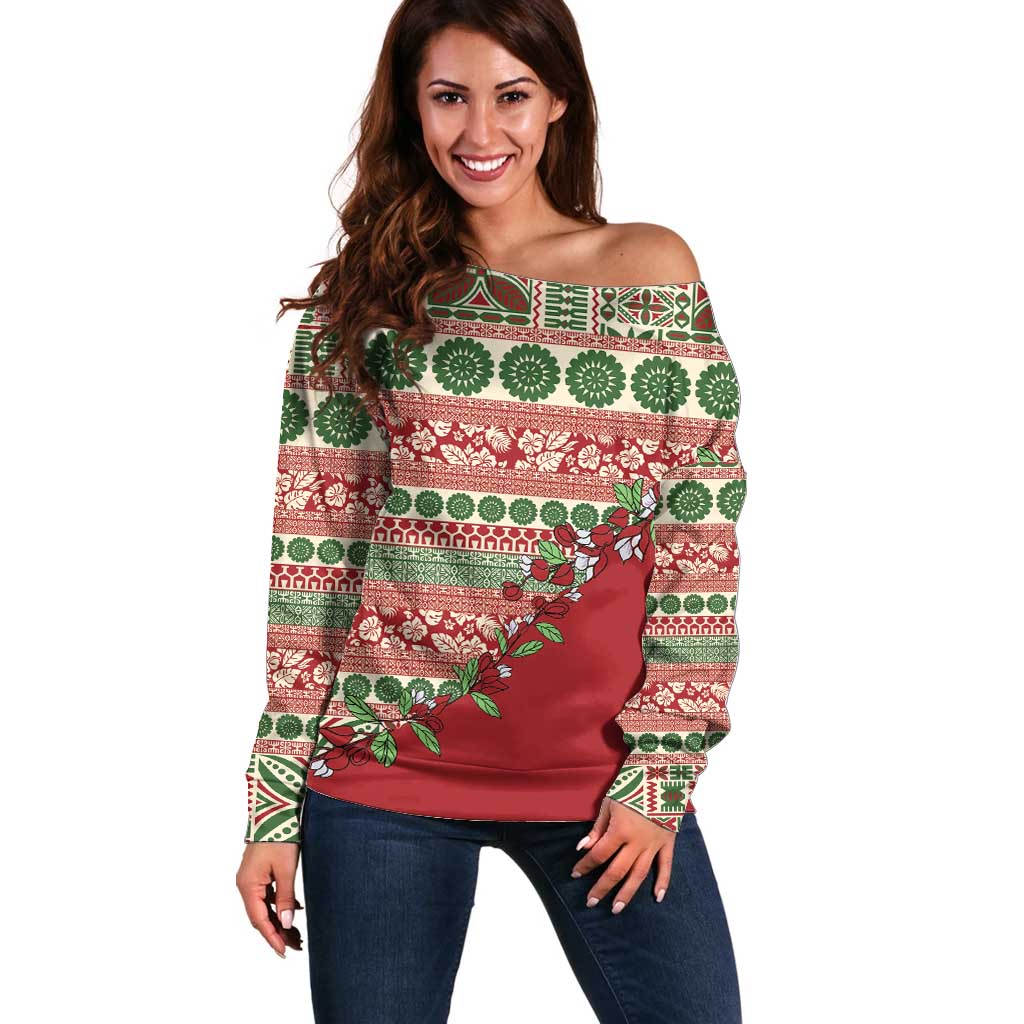 Fiji Marau na Kerisimasi Off Shoulder Sweater Red Tagimoucia Tapa Masi Tribal - Polynesian Pride