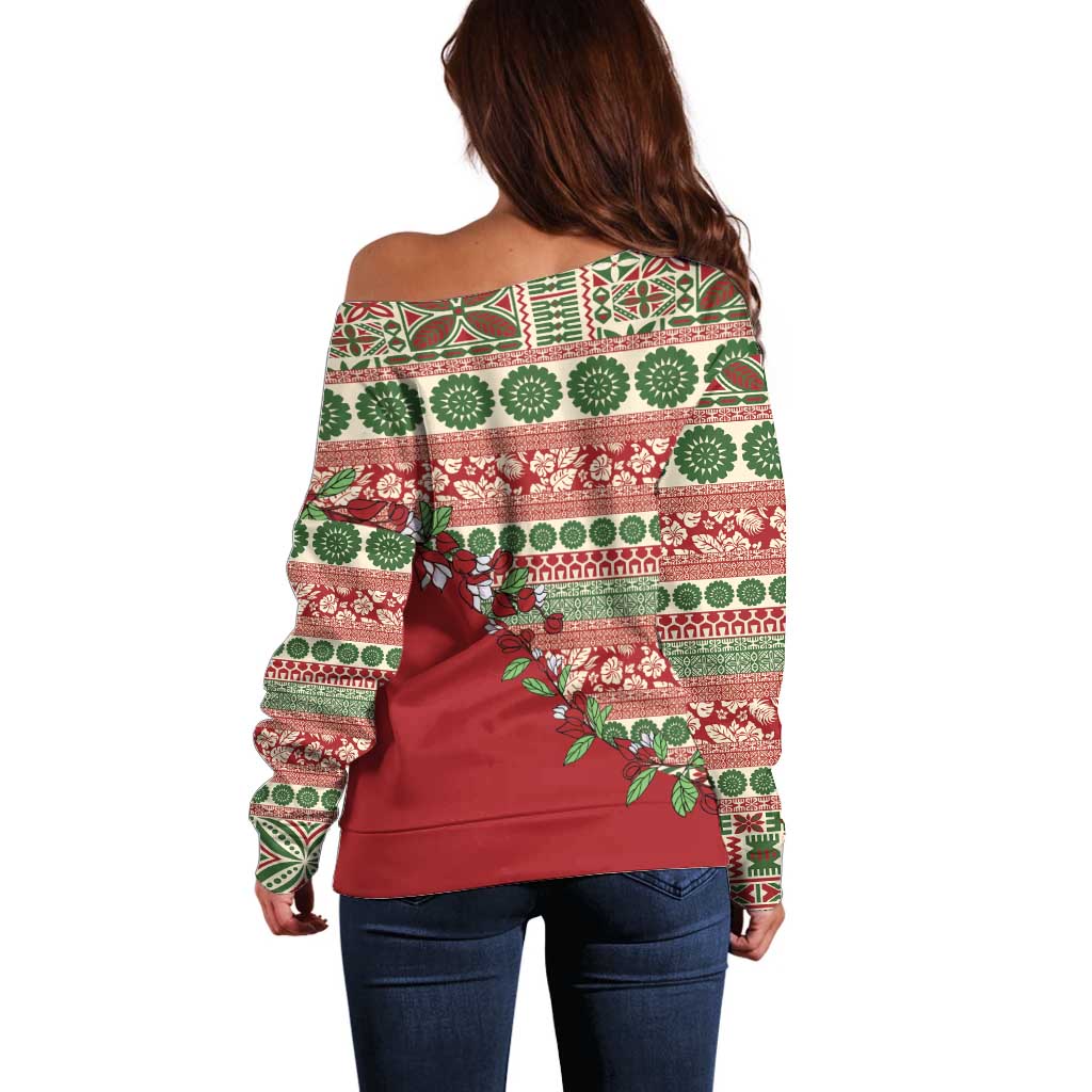 Fiji Marau na Kerisimasi Off Shoulder Sweater Red Tagimoucia Tapa Masi Tribal - Polynesian Pride