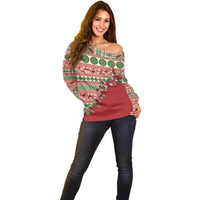 Fiji Marau na Kerisimasi Off Shoulder Sweater Red Tagimoucia Tapa Masi Tribal - Polynesian Pride