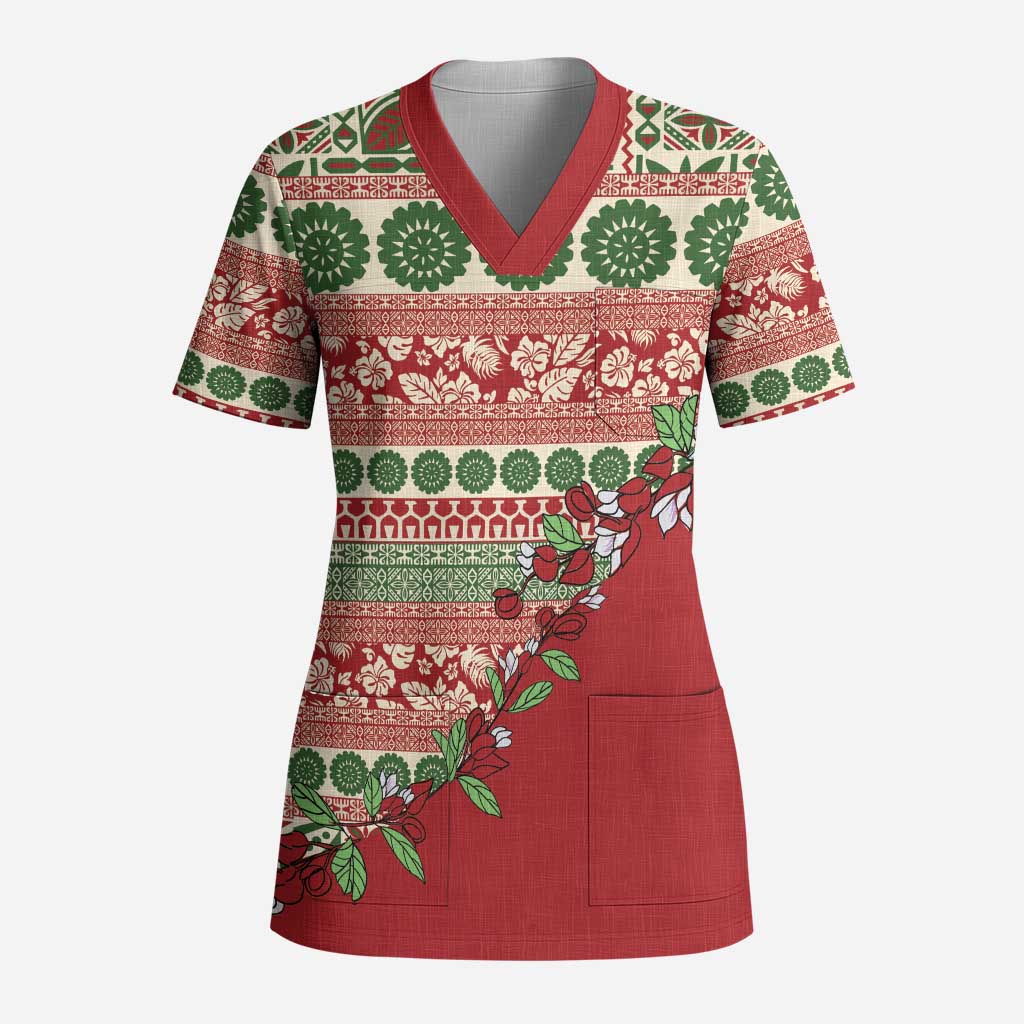 Fiji Marau na Kerisimasi Scrub Top Red Tagimoucia Tapa Masi Tribal - Polynesian Pride