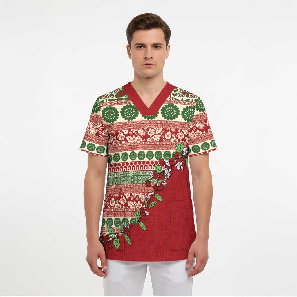 Fiji Marau na Kerisimasi Scrub Top Red Tagimoucia Tapa Masi Tribal - Polynesian Pride