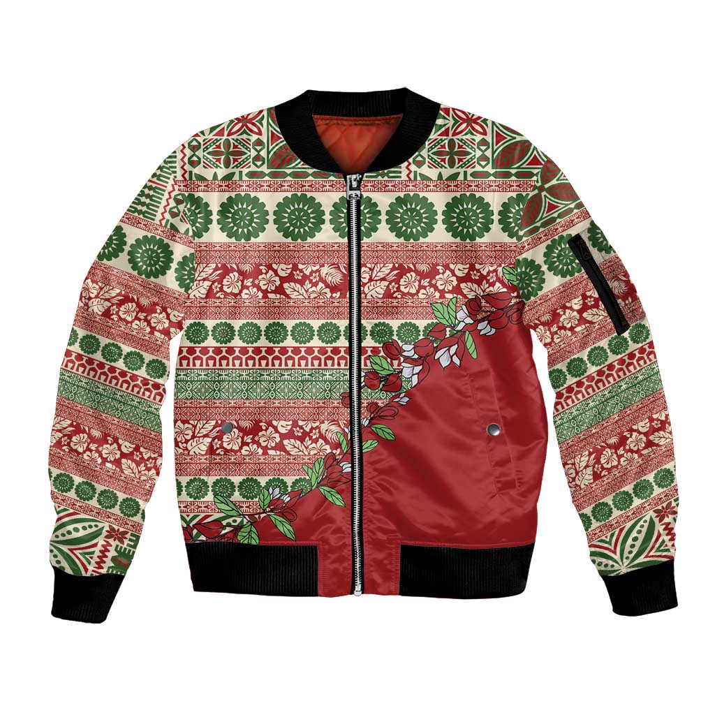 Fiji Marau na Kerisimasi Sleeve Zip Bomber Jacket Red Tagimoucia Tapa Masi Tribal LT9 Unisex Red - Polynesian Pride