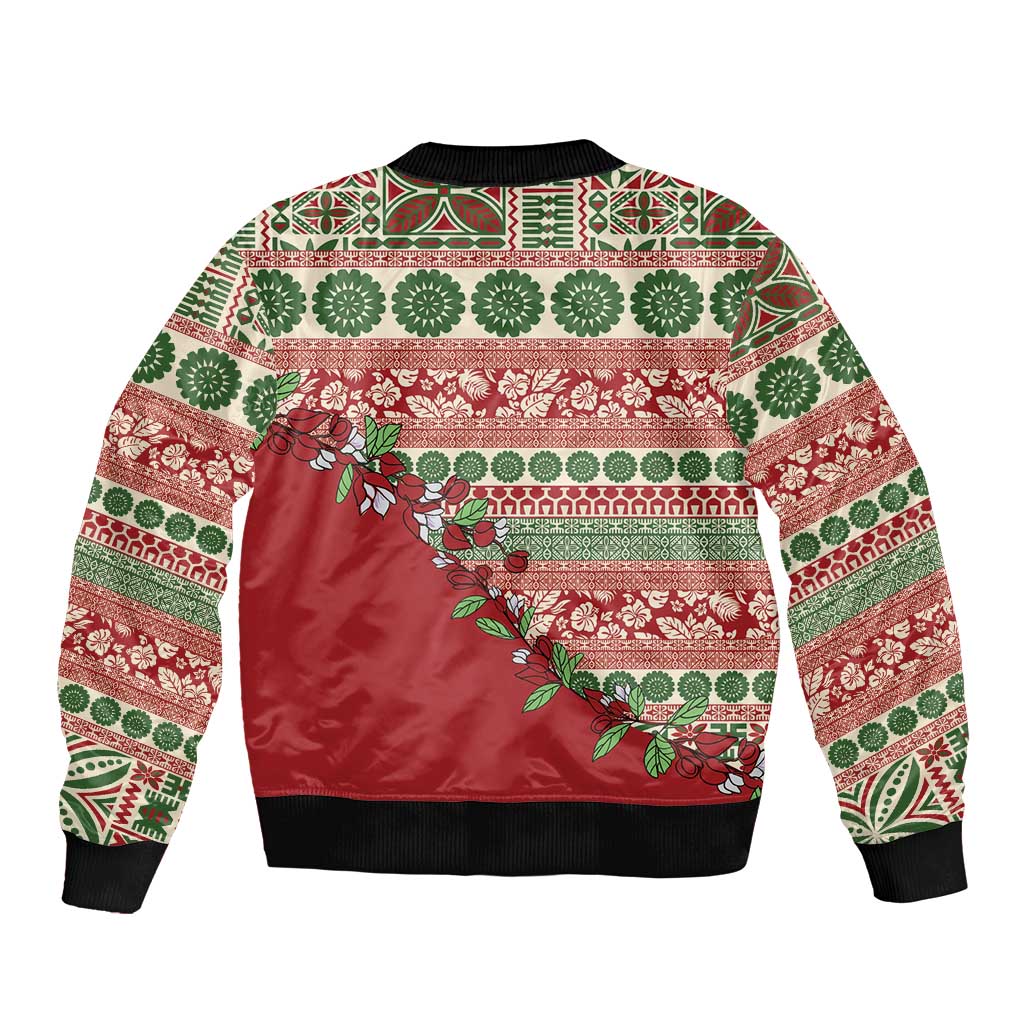 Fiji Marau na Kerisimasi Sleeve Zip Bomber Jacket Red Tagimoucia Tapa Masi Tribal - Polynesian Pride