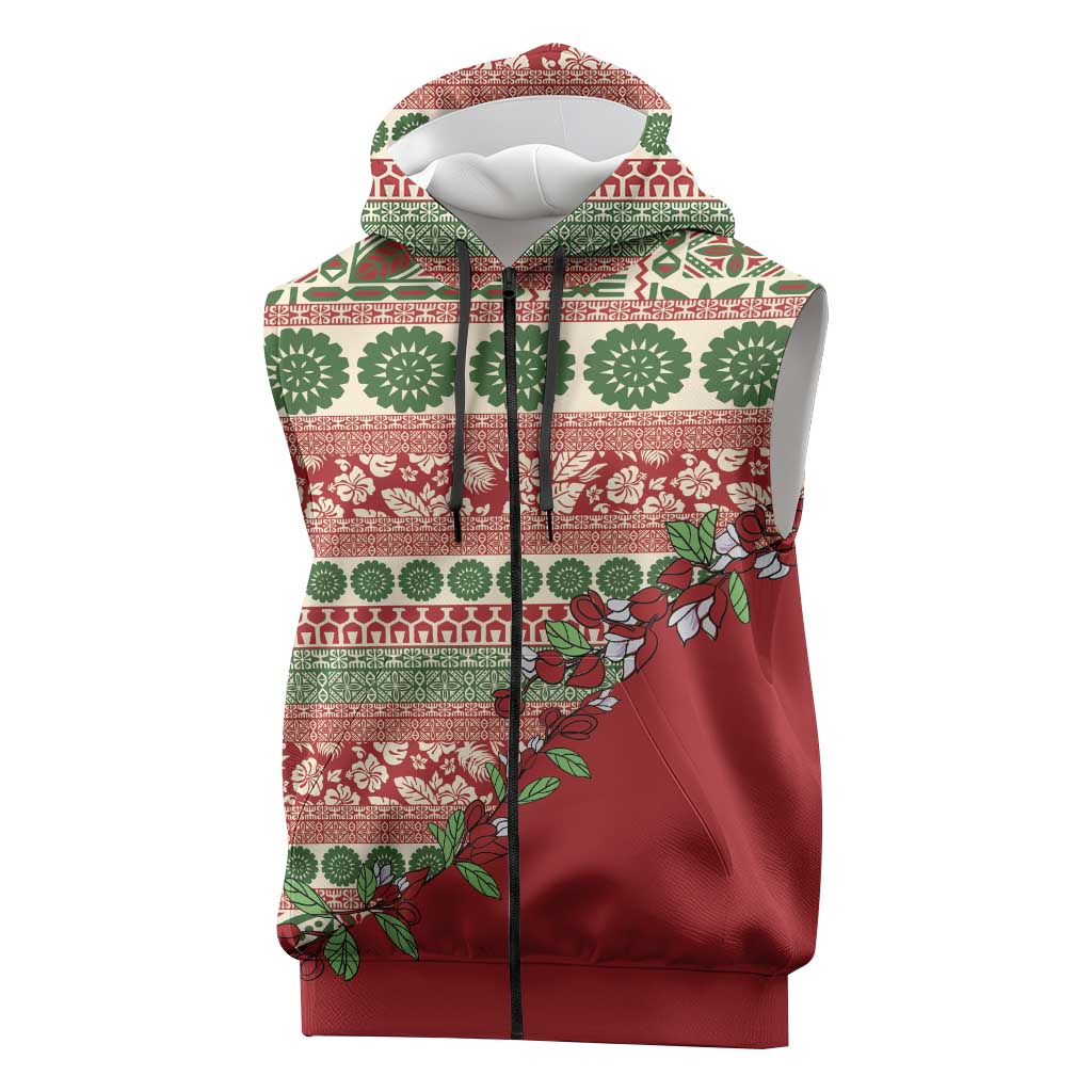 Fiji Marau na Kerisimasi Sleeveless Zip Hoodie Red Tagimoucia Tapa Masi Tribal LT9 Red - Polynesian Pride