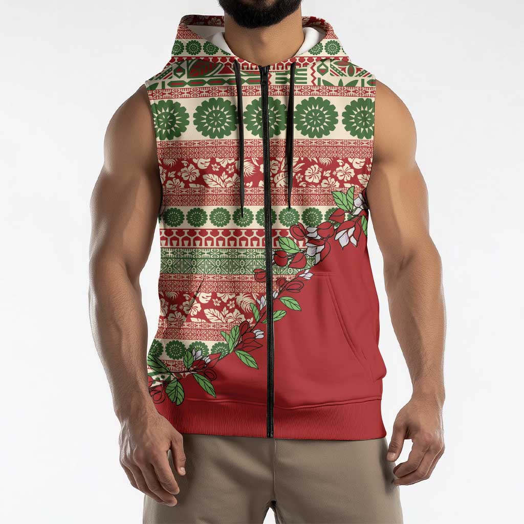 Fiji Marau na Kerisimasi Sleeveless Zip Hoodie Red Tagimoucia Tapa Masi Tribal - Polynesian Pride