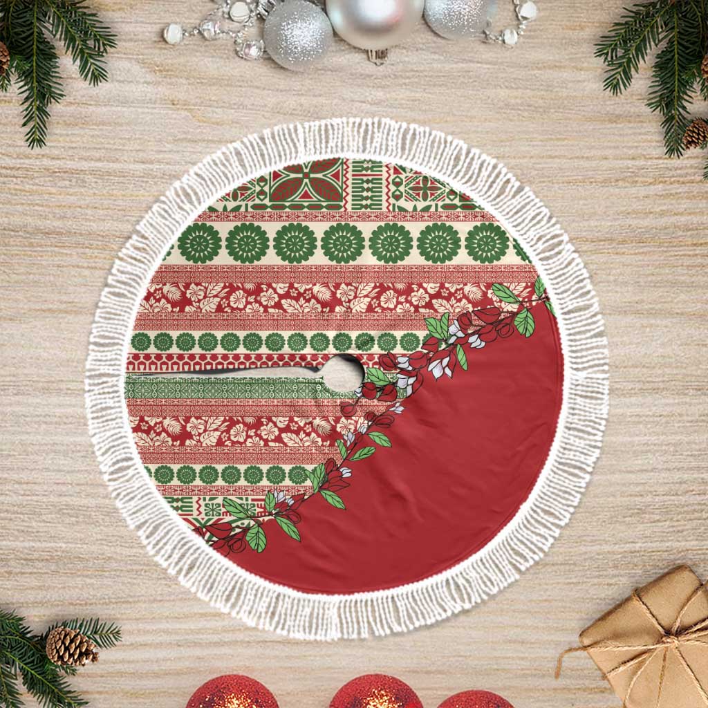 Fiji Marau na Kerisimasi Tree Skirt Red Tagimoucia Tapa Masi Tribal LT9 Fringed Red - Polynesian Pride