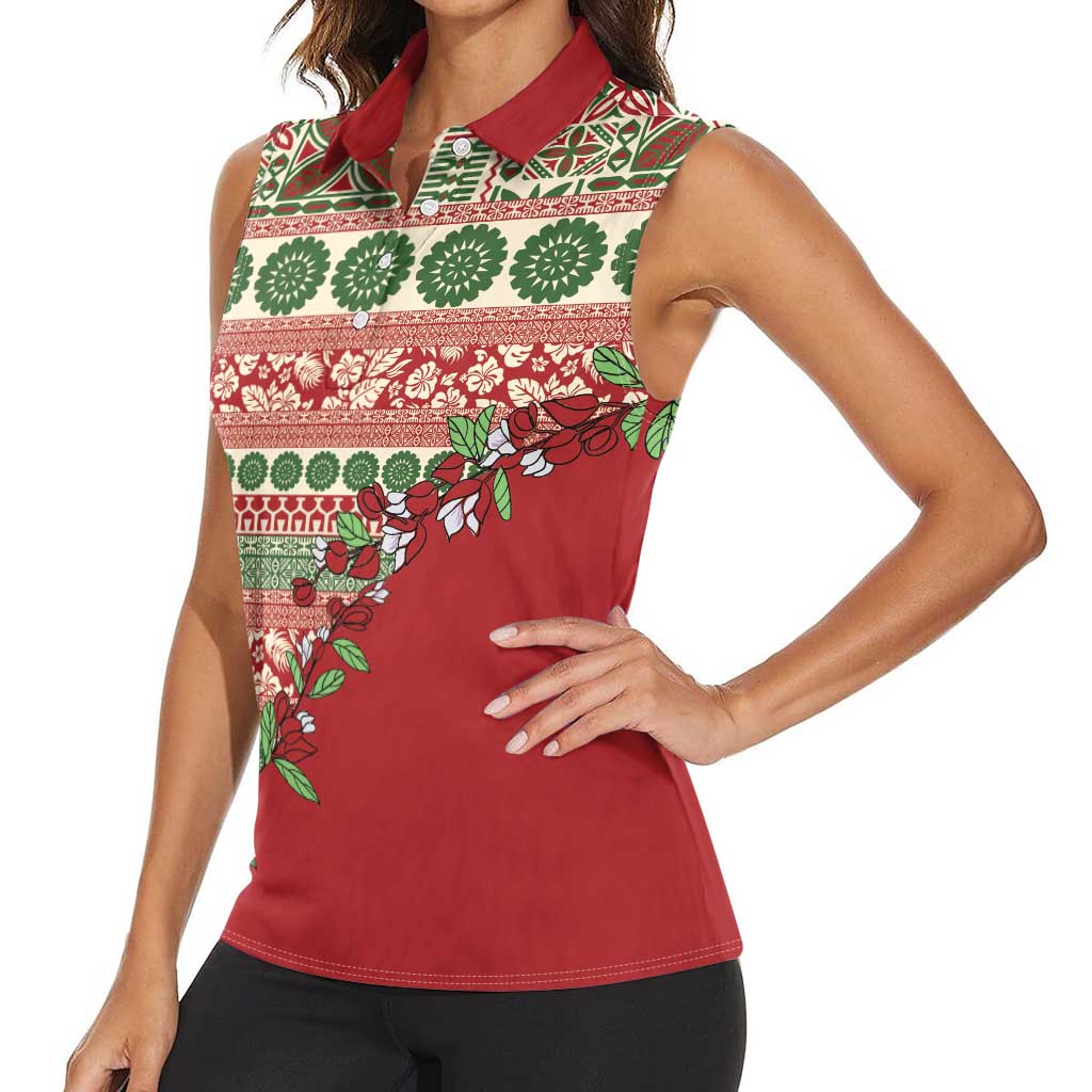 Fiji Marau na Kerisimasi Women Sleeveless Polo Shirt Red Tagimoucia Tapa Masi Tribal - Polynesian Pride