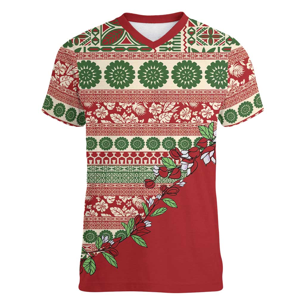 Fiji Marau na Kerisimasi Women V-Neck T-Shirt Red Tagimoucia Tapa Masi Tribal - Polynesian Pride