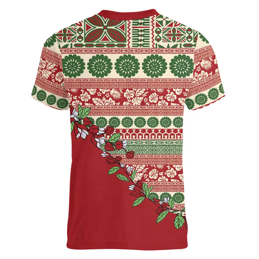 Fiji Marau na Kerisimasi Women V-Neck T-Shirt Red Tagimoucia Tapa Masi Tribal - Polynesian Pride