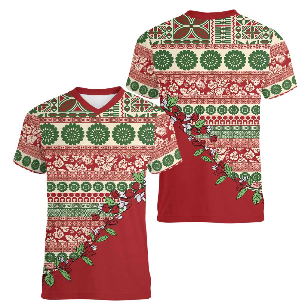 Fiji Marau na Kerisimasi Women V-Neck T-Shirt Red Tagimoucia Tapa Masi Tribal - Polynesian Pride